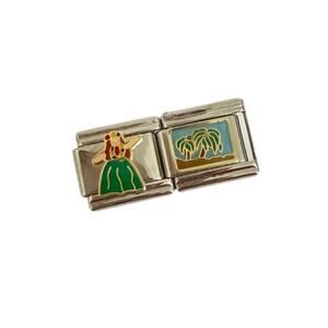 Hula Girl Palm Tree Beach Hawaii 9mm Stainless Steel Italian Charms Y2K Vintage